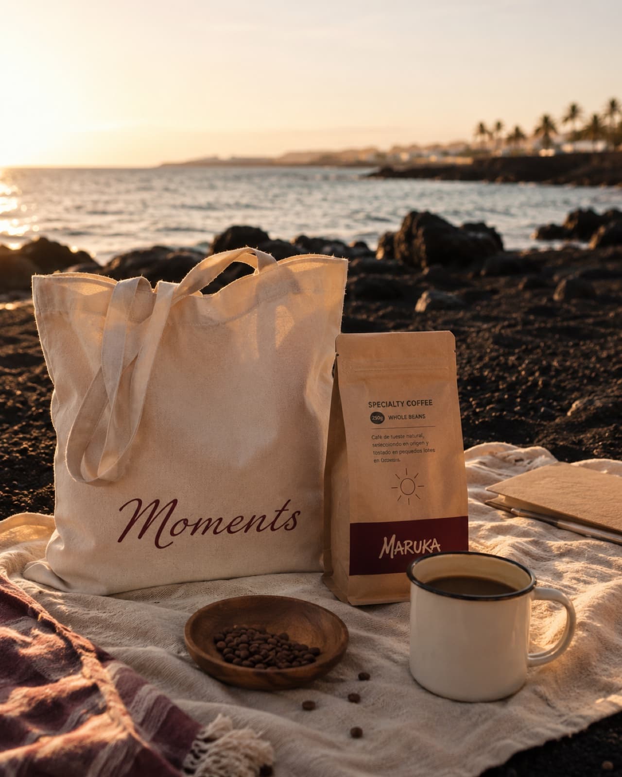 Tote Moments y café Maruka en una playa volcánica de Lanzarote